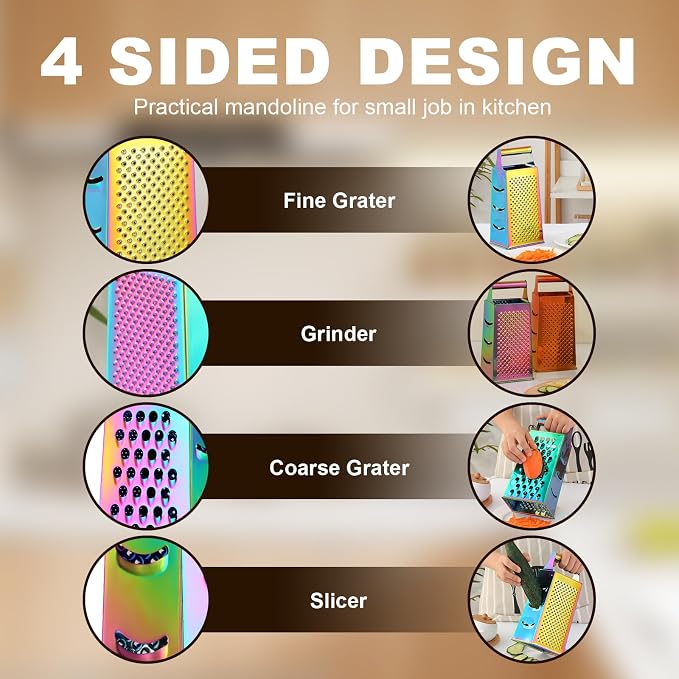 Rainbow Cheese Grater Handheld Grater for Kitchen, Stainless Steel 4 Sided Cheese Grater with Handle for Grinding Shredding & Slicing, Dishwasher Safe