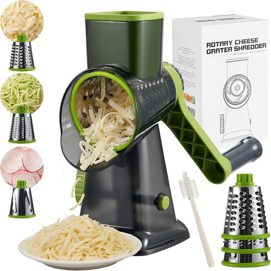 Rotary Cheese Grater hand crank 3 blades with Stronger Suction Base | Stainless Steel Blades for Fruits, Vegetables, Nuts. Dishwasher Safe & Easy to Clean, Transparent Black & Green