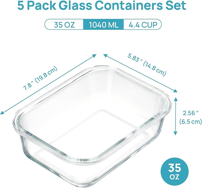 Vtopmart 5 Pack Glass Food Storage Containers with Bamboo Lids, 35oz | Reusable Meal Prep Containers for Leftovers, Lunch & Kitchen Storage, Microwave, Dishwasher Safe Glass Food Containers