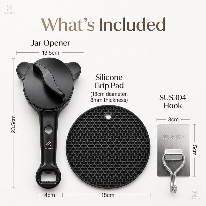 Jar Opener for Seniors with Arthritis & Weak Hands, 4-in-1 Adjustable Lid & Bottle Opener Set with Non-Slip Silicone Grip Pad & Stainless Steel Hook, Easy Twist Kitchen Gadget for Elderly (Black)