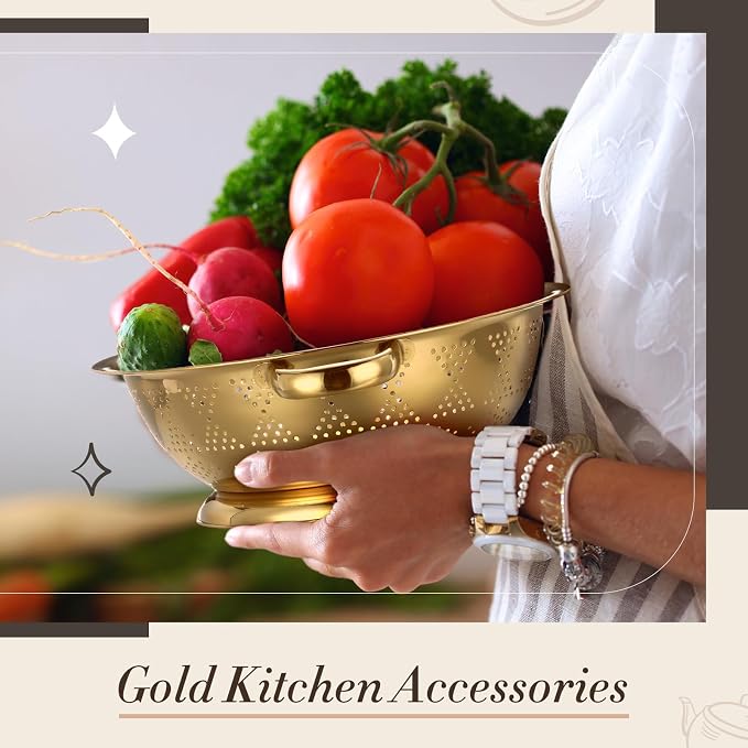 4 Pcs Gold Kitchen Accessories Includes Stainless Steel Colander and 3 Pcs Gold Fine Mesh Strainer Essential Kitchen Colander Strainers with Handles, Easy Clean and Dishwasher Safe (4.5 Qt)