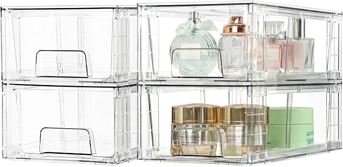 Vtopmart 10 Pack Stackable Clear Drawer with Dividers | Clear Drawer Organizers with Removable Dividers for Flexible storage. Stackable, Non-slip, for Fridge, Under Sink & Bthroom