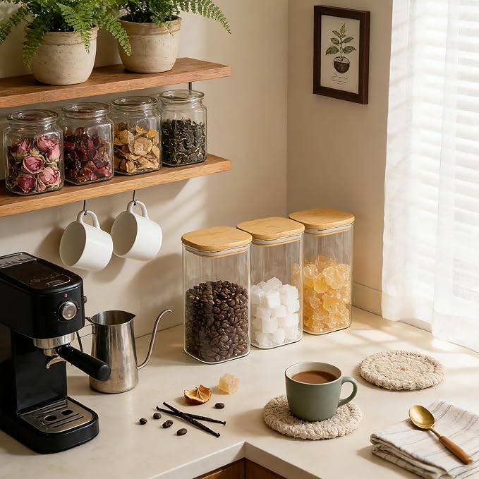 KEYWING 50oz Glass Storage Containers with Airtight Lids for Pantry, 3 Pack | Square Glass Jars with Bamboo Lids, Pantry Storage Canister for Flour, Sugar, Cereal, Coffee Beans, Pasta, Cookies & Tea