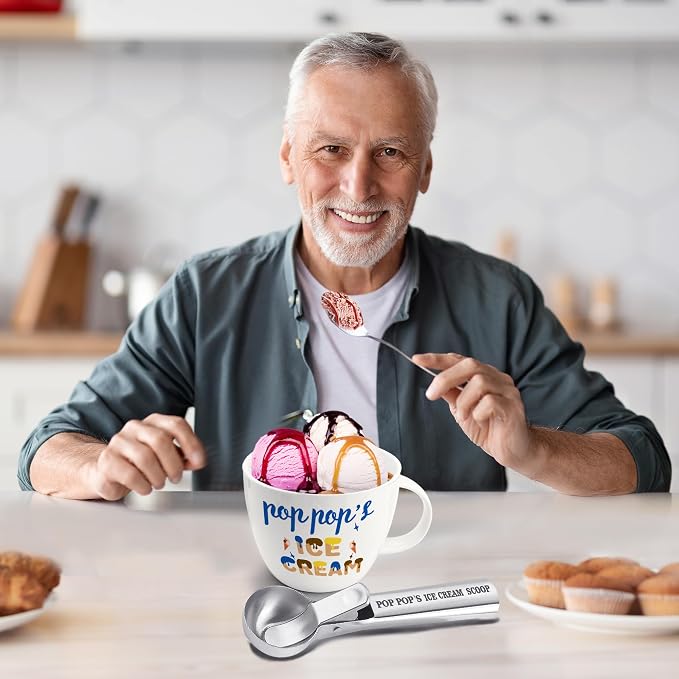 Pop Pop Gifts, Gifts for Pop from Grandkids on Fathers Day, Poppop's Ice Cream Bowl Scoop Shovel Spoon Set, Poppop’s Ice Cream Gift, Christmas Birthday Father's Day Pop Gift for Him Man