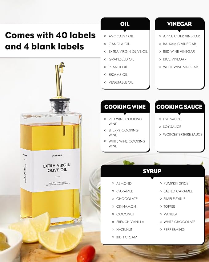 WISIMMALL Olive Oil Dispenser For Kitchen, Glass Oil Bottle 350ML Oil And Vinegar Dispenser Set Of 4 with 4 Stainless Steel Pourers & 44 Labels, Soy Sauce Dispenser, Coffee Syrup Bottles