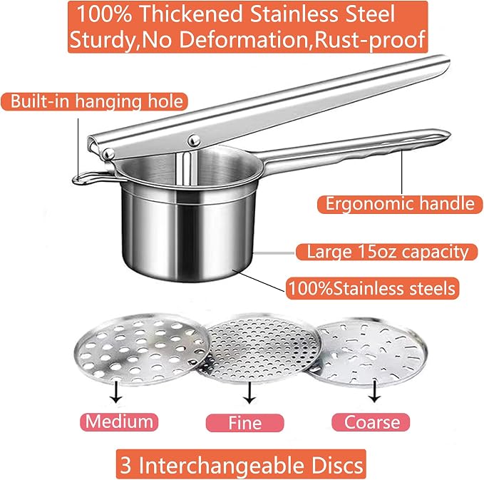 Mo&Bo Large 15oz Potato Ricer with 3 Interchangeable Discs,Heavy Duty Stainless Steel Sweet Potato Masher and Ricer Kitchen Tool,Ricer for Mashed Potatoes,Manual Press Fruit Juicers,Ergonomic Handle