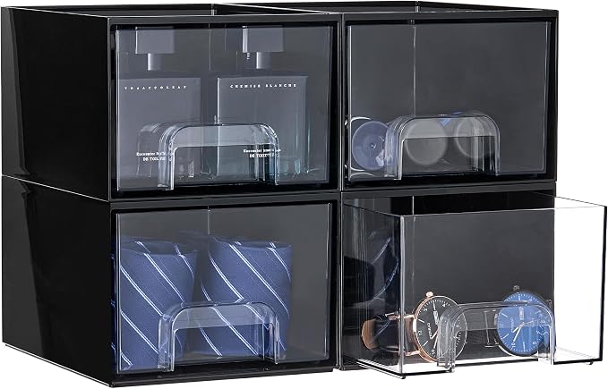 Vtopmart Black Small Stackable Storage Drawers for Cologne Organizer | Plastic Containers for Vanity, Dresser, Office Desk,Bathroom Countertop Organization, Ideal for Men's Room Decor