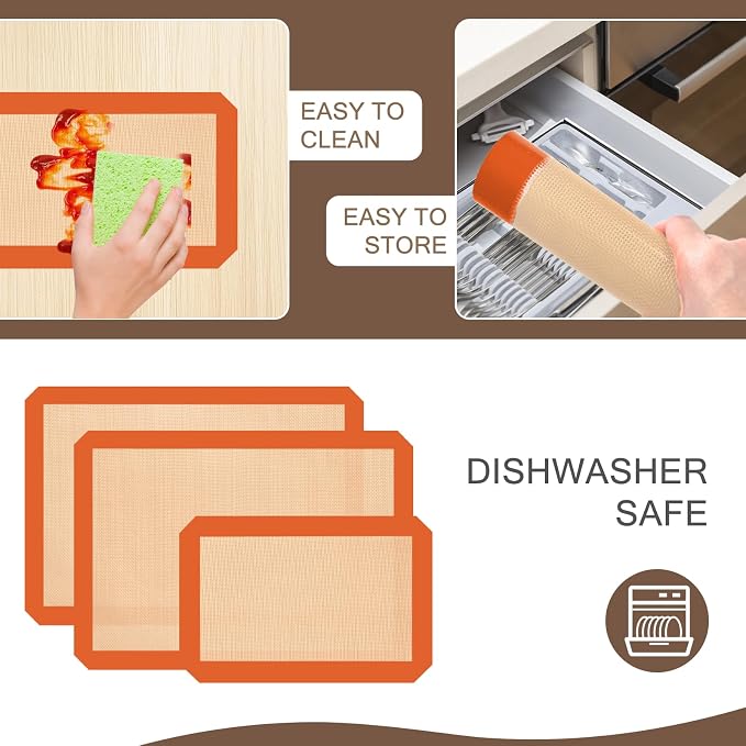 Silicone Baking Mat Set of 3, Non-Stick 2 Half & 1 Quarter Sheets | Dishwasher Safe, Reusable Baking Supplies for Cookies, Bread, Pastries & Dough, Orange