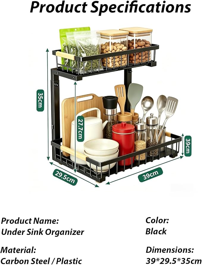 2 Pack Under Sink Organizer, 2-Tier Pull Out Kitchen Cabinet Organizer, Height Adjustable Metal Slide Out Bathroom Organizers and Storage Makeup Drawer Organizer for Office Bedroom (B-Black, 2Pack)