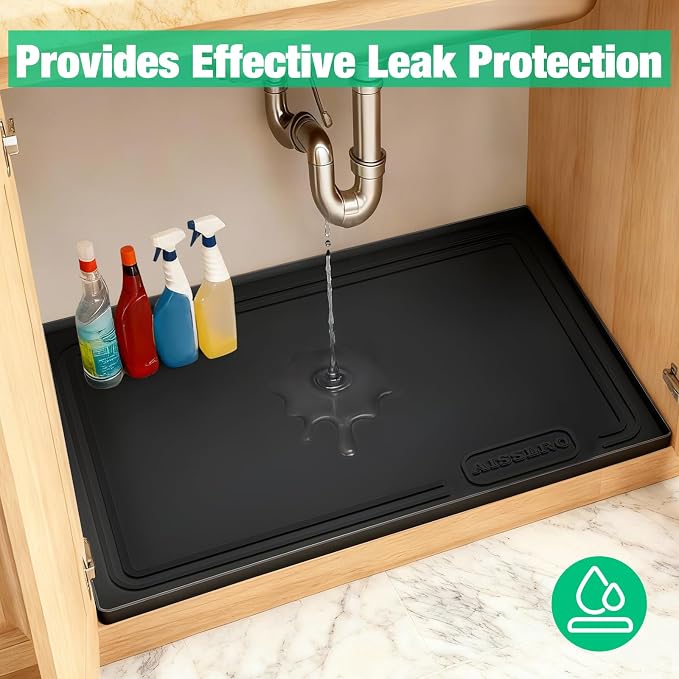 Under Sink Mat 31 X 22, Waterproof Silicone Cabinet Kitchen Liner, Black | Raised-Edge Cabinet Protector & Leak Tray for Bathroom Cabinets, Boots, Pet Feeding Mats, Dog & Cat Bowls, Dishwasher Safe