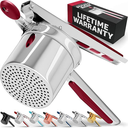 PriorityChef Large 15oz Potato Ricer, Heavy Duty Stainless Steel Potato Masher and Ricer Kitchen Tool, Press and Mash Kitchen Gadget For Perfect Mashed Potatoes - Everytime, Red
