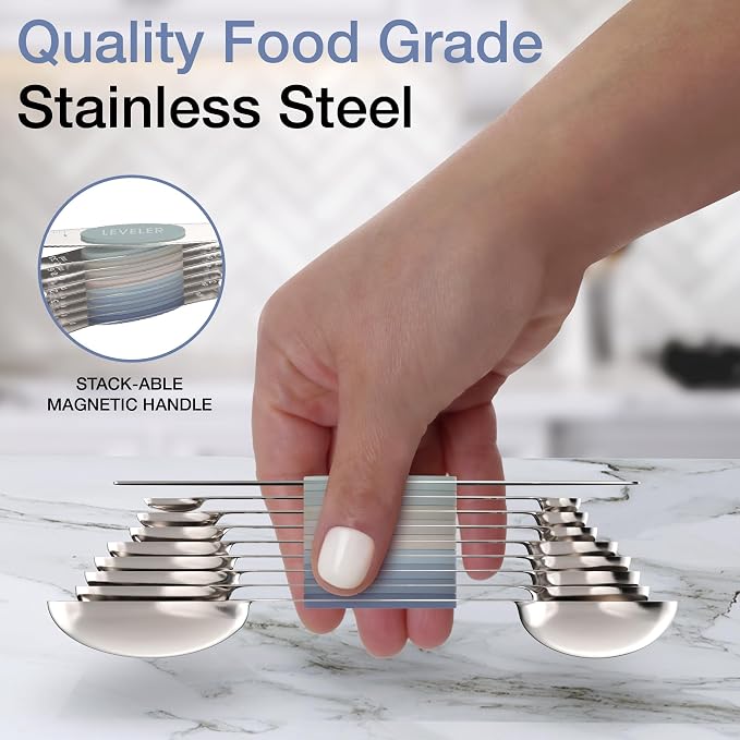 CuttleLab Magnetic Measuring Spoons Set - Stainless Steel, Double Ended, Stackable & Nested Design for Dry and Liquid Ingredients, Ideal for Spice Jars, 9-Piece Set with Leveler (Farmhouse)