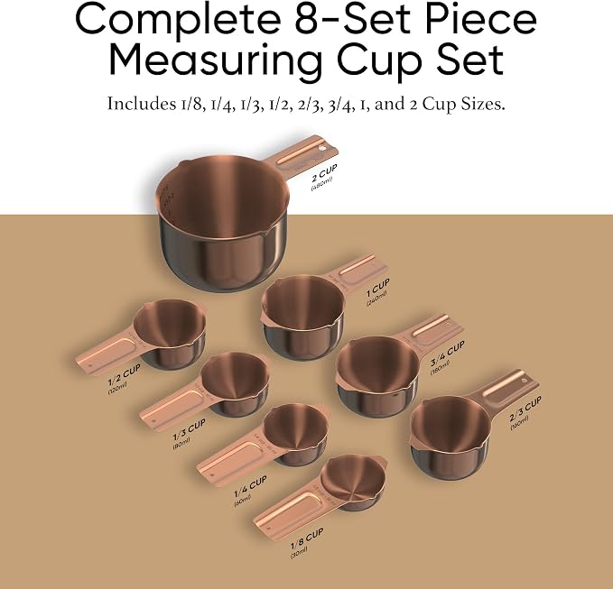 Color Up Measuring Cup Set, 8 Piece – Includes 2 Cup, Copper Finish, Stainless Steel, Accurate for Wet & Dry Ingredients, Embossed Markings, Easy-Pour Spouts, Dishwasher-Safe, Kitchen Essential