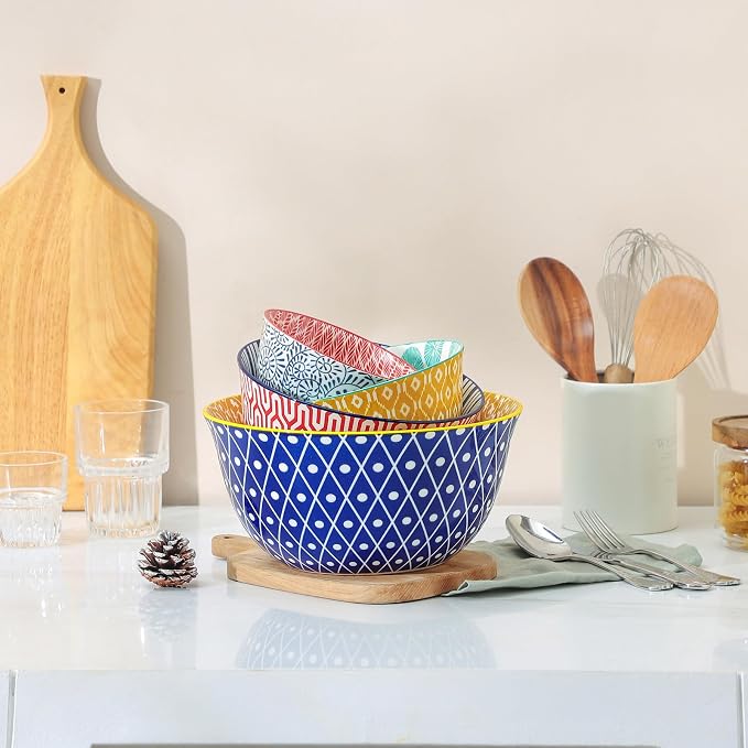 Selamica Ceramic Mixing Bowls, Nesting Bowls Set of 4 for Baking, Prepping, Cooking, Salad, 20/36/60/123 oz, Microwave & Dishwasher Safe, Assorted Colors