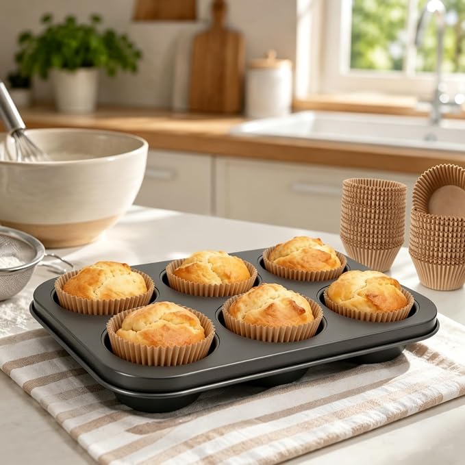 Artcochan 2 Pack Jumbo Muffin Pan with 50 Cupcake Liners, Extra Large 6 Cup Nonstick Carbon Steel Cupcake Pan, Jumbo Muffin Tin for Baking Supplies