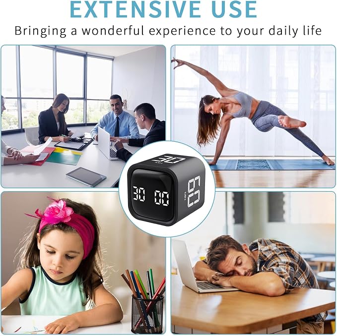 Qumox Pomodoro Timer, Cube Productivity Timer with Adjustable Sound and Vibration Alert, Ideal for Work, Office, ADHD, Study, and Tasks - 5/10/30/60 Minutes & Custom Countdown - Black