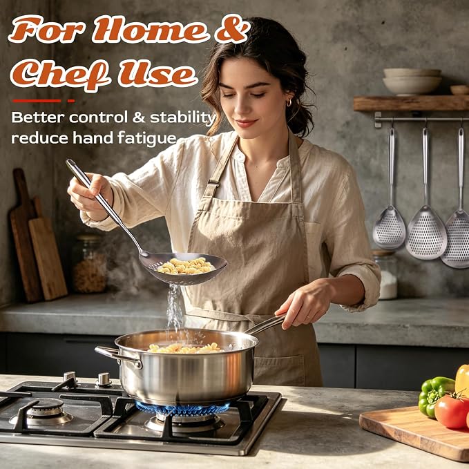 Skimmer Slotted Spoon -16.5" 304 Stainless Steel Pasta Spider Strainer Skimmer Ladle Spoon for Cooking and Frying - Kitchen Metal Scoop Colander Strainer Spoon with Heat Resistant Handle