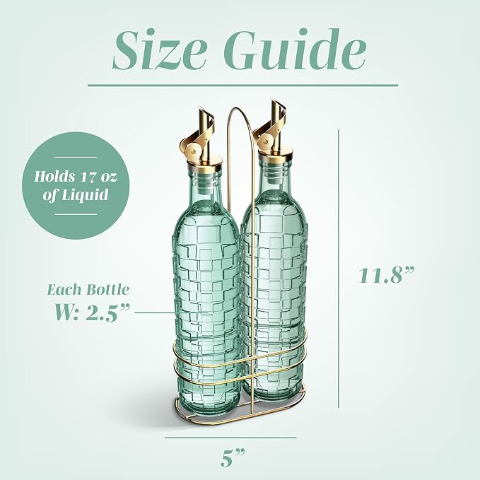COOK WITH COLOR Glass Olive Oil Bottle Dispenser - 2 Pack- 17oz Oil and Vinegar Cruet - Olive Oil Carafe Decanter for Kitchen, Checkered, Green