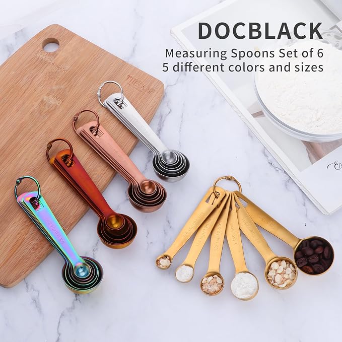DOCBLACK Measuring Spoons, Heavy Duty 18/8 Stainless Steel Measuring Spoons Cups Set, Set of 6 for Gift Measuring Dry and Liquid Ingredients - Gold