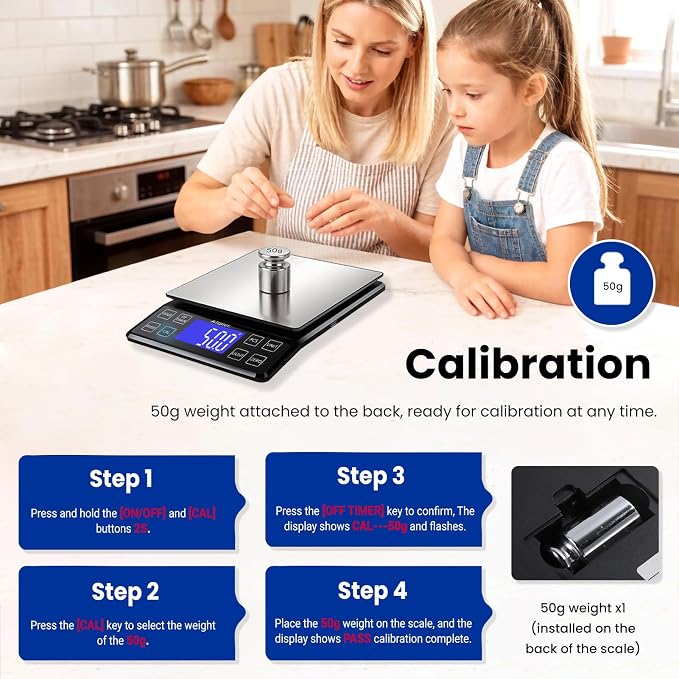 Rechargeable Digital Kitchen Scale, 0.1g Resolution Max 5kg 11Ibs | Food Scale with PCS Counting, Hold, Tare Functions, 6.3"x6.3" Large Stainless Steel Platform, for Cooking, Baking, Meal Prep