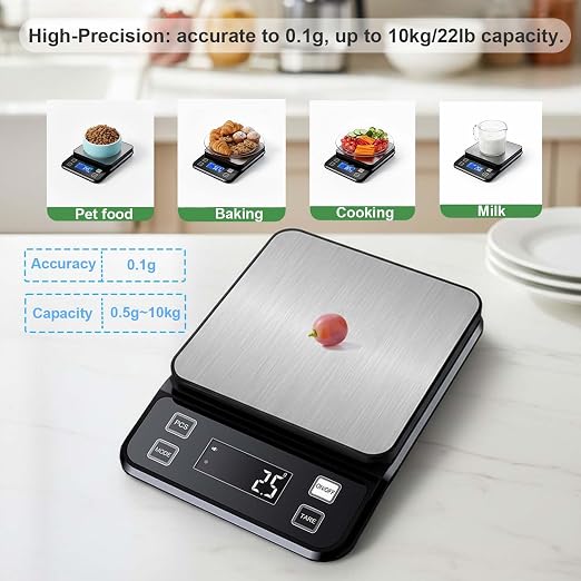 Waterproof Digital Kitchen Scale 0.001oz/0.1g Precision, Stainless Steel Electronic Scale with 3 Power Options (Rechargeable/AAA/Built-in), 10 Units Conversion, Smart Standby, 22lb/10kg Capacity