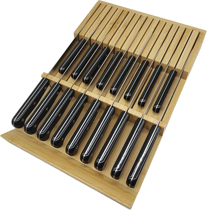 Natural Bamboo In-Drawer Knife Block, 17 Slot Large Capacity Knives Organizer, Upper and Lower Kitchen Steak Knife Storage Rack - Holds 8 Short + 9 Long Knives