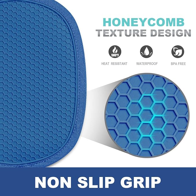 RORECAY 2-Pack Silicone Pot Holders for Kitchen, Hot Pads with Pocket, Blue | Heat Resistant up to 500°F, Quilted Cotton Potholders, Non-Slip & Waterproof Trivets for Hot Pots, Pans, and Countertops