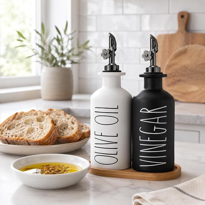 HOMCDALY Premium Olive Oil Dispenser for Kitchen, 11.8oz Glass Oil Bottles with Bamboo Tray, Oil&Vinegar Cruet Set, Kitchen Dispenser Bottles with Pourer | Set of 2 (11.8oz –P–Black&White)