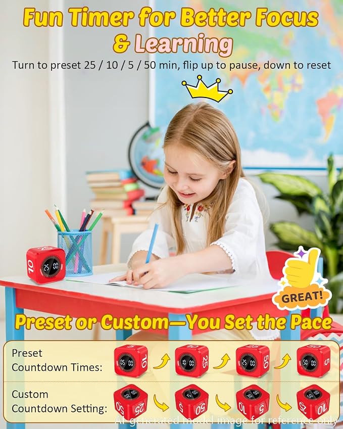 Digital Pomodoro Timer Cube 5/10/25/50min, Visual Productivity Flip Timer for Kids Classroom Desk, Custom Countdown, Silent and Sound Mode for ADHD Study Work Game Kitchen (Red)
