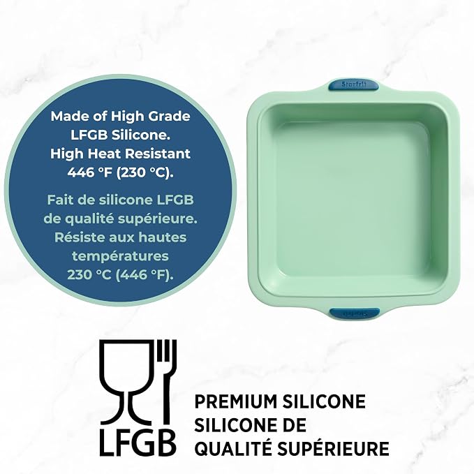 Starfrit Silicone Bakeware 8" (20cm) Square Cake Pan with Integrated Metal Frame - BPA-Free Premium Silicone - Heat Resistant - Ergonomic Handles - Easy Release - Oven & Dishwasher Safe - Green