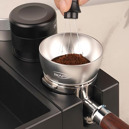 IKAPE Dosing Funnel Set, 58mm Espresso Dosing Ring & Puck Screen Kit Compatible with 58 mm Bottomless Portafilter Silver
