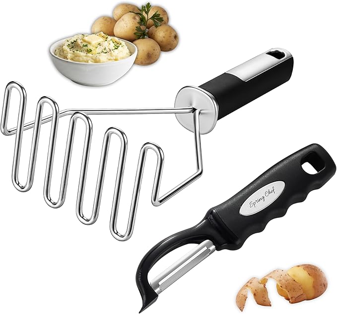 Spring Chef Stainless Steel Premium Vegetable Peeler with Potato Masher, Soft Grip Handle Metal Food Peeler and Masher for Fruit & Vegetables