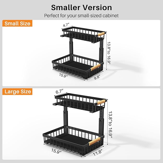 PXRACK Under Sink Organizer, Adjustable Height, 2 Tier Pull Out Under Cabinet Organizer, Slide Out Thickened Metal Under Sink Storage for Kitchen Bathroom Laundry Pantry Cabinet, Black, Small-2-Pack