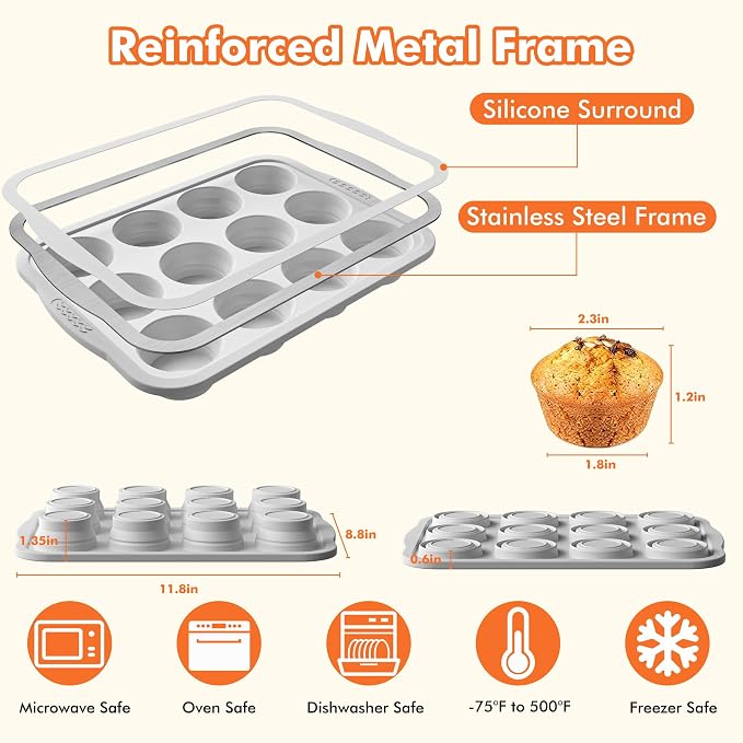 2 Pack Silicone Muffin Pan for Baking with Metal Reinforced Frame, Foldable 12 Cup Regular Size Nonstick Cupcake Pan, Muffin Tray for Baking, Dishwasher Safe Egg Bite Molds for Oven，White