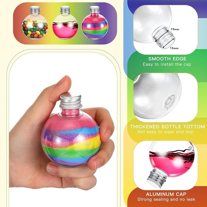 Layhit 24 Pcs Spherical Plastic Potion Bottles Ball Shape Round Bottles 3.4 oz Sand Art Jar with 5 Funnels Decorative ‌container Candy Jar for Valentines Birthday DIY Crafts(Silver,Aluminum Lid)