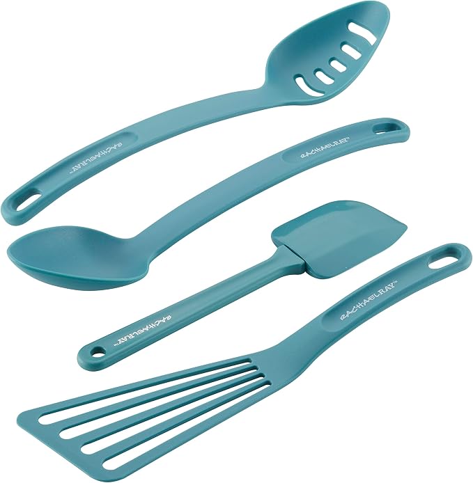 Rachael Ray 47564 Cucina Nylon Nonstick Utensils/Fish Turner, Spatula, Solid and Slotted Spoons, 4 Piece, Agave Blue