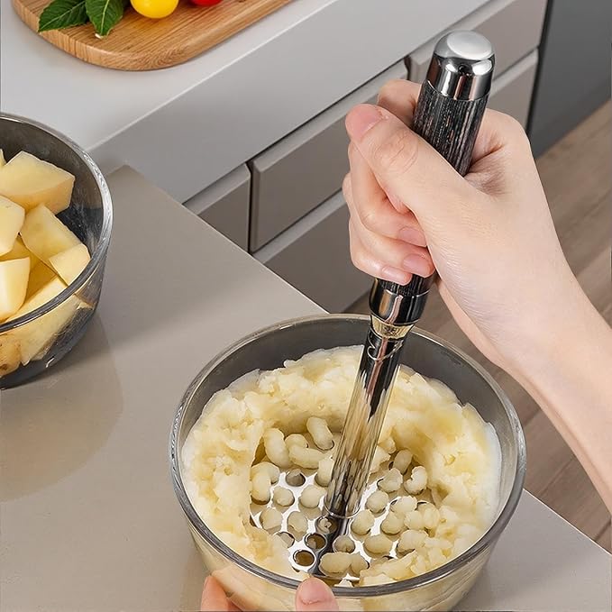 316 Stainless Steel Potato Masher, 10 Inch Heavy Duty Masher with Ergonomic Wood Handle, for Smooth Mashed Potatoes, Guacamole, Baby Food