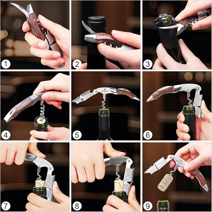 Philorn Wine Opener-Professional Corkscrew Wine Opener with Foil Cutter & Cap Remover, Manual Wine Key for Servers, Bartenders, Waiters & Home Use, Rosewood Handle Wine Bottle Opener