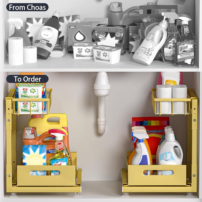 2-Pack L-Shaped Under Sink Organizer, 2-Tier Pull-out Cabinet Rack | Gold Height-Adjustable Steel Rack, Sliding Grid Drawers with PP Liners, Holds 100 Lbs, Suction Base, Ideal Kitchen Storage