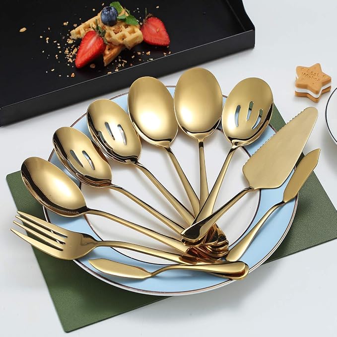 Gold Serving Spoons 10 Pieces, Kyraton Serving Utensils, Serving Set Include 3 Serving Spoon, 3 Slotted Spoon, 1 Serving Fork, 1 Cake Server, 2 Butter Knife Spreaders
