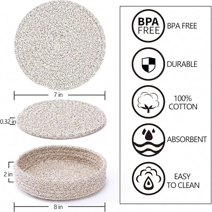 Coga Trivets for Hot Dishes, 5 Pack 7 Inch Cotton Hot Pads for Kitchen with Storage Basket, Round Pot Holders for Kitchen, Heat Resistant Mats for Countertop, Pots and Pans, Farmhouse Decor, Brown