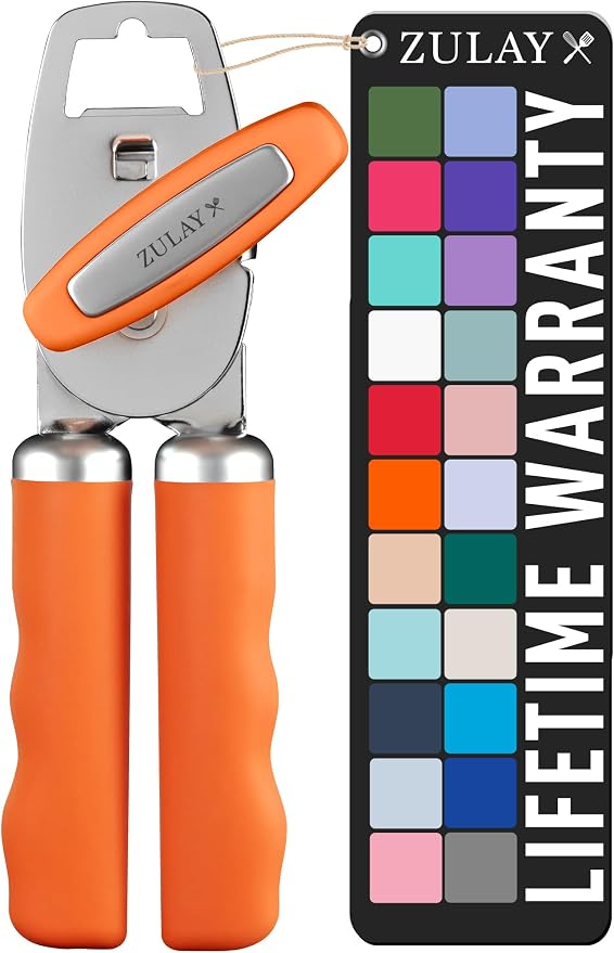 Zulay Kitchen Heavy Duty Stainless Steel Can Opener Manual with Bottle Opener - Rust Proof Manual Can Opener With Turn Knob & Comfy Soft Grip Handles - Orange