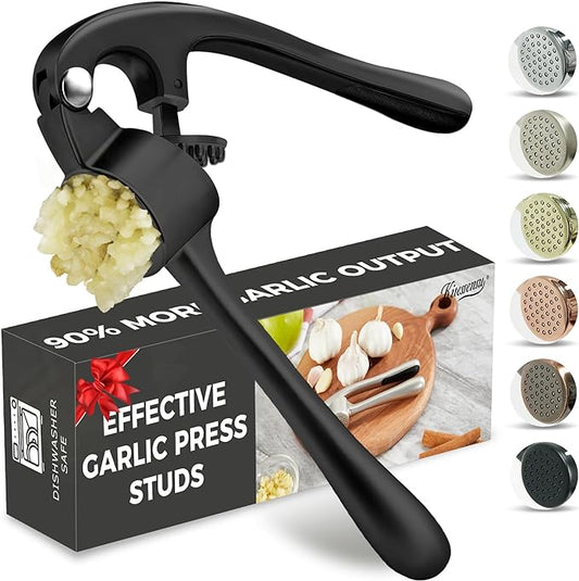 Premium Garlic Press, Professional Garlic Mincer, Easy to Squeeze and Clean, Rust Proof, Efficient Ginger Crusher - Black