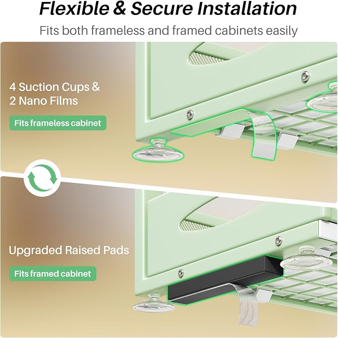 Under Sink Organizer, 1-Pack Pull Out Cabinet Organizer 2 Tier Metal Slide Out Storage Shelf Rack, L-Shaped Adjustable Height,Mesh Sliding Drawer for Kitchen, Bathroom, Laundry, Pantry, Green, XL