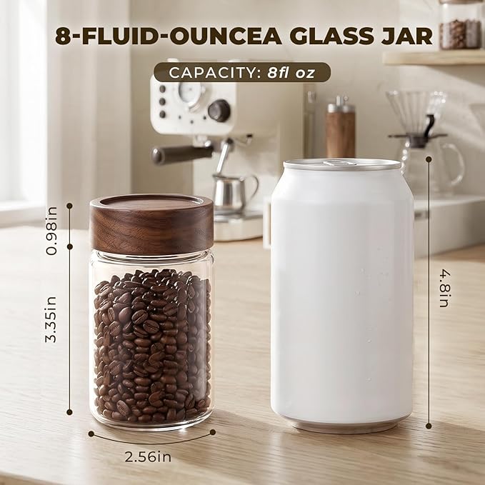 6 Pack 8 oz Glass Jars with Lids, Tall Small Mason Jars with Airtight Acacia Wood Lid, Glass Food Storage Containers for Coffee Bar, Loose Tea, Hot Cocoa & Apothecary Decor