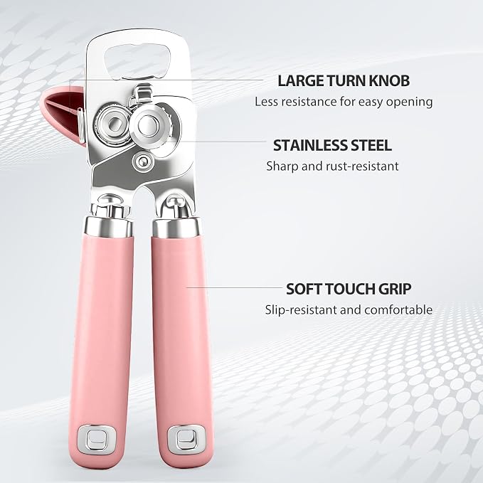 Safring Can Opener Manual, Heavy Duty Stainless Steel Smooth Edge Can Openers With Soft Touch Handle, Oversized Handheld Easy Turn Knob, Multi-Function Bottle Opener, Pink