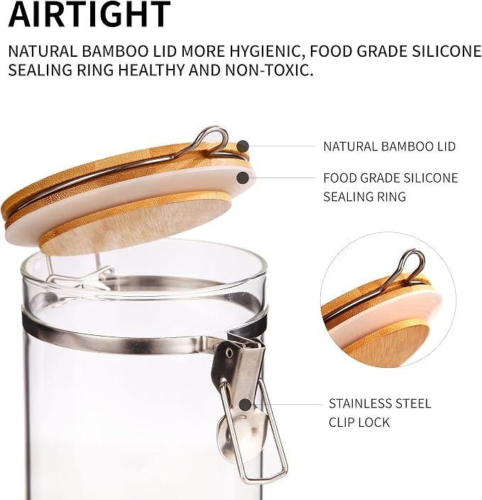 Glass Coffee Storage Container with Bamboo Shelf, 2PCS 49oz Airtight Sealed Coffee Bean Jar with Clamp Lid & Measuring Spoon, Kitchen Pantry Canister Set for Ground Coffee Sugar Tea Flour