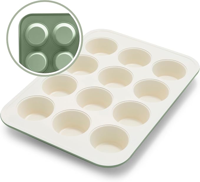 GreenLife 12-Cup Muffin Pan, PFAS-Free Healthy Nonstick Baking Tray, 11.4" x 1.9" x 15.9", Durable Ceramic Bakeware, Cupcakes, Egg Bites, Tarts, Brownies, Sage (Pack of 6)