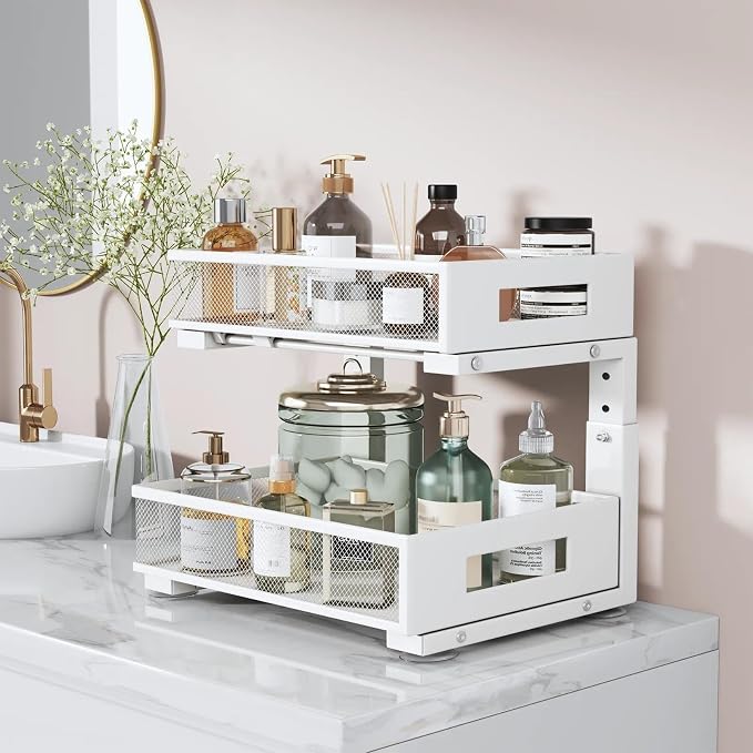Under Sink Organizer, 2-Tier Dual Pull Out Cabinet Organizer Drawers With Smooth Circular Rail, Large Capacity Metal Mesh Sliding Shelves For Bathroom& Kitchen Storage,Height Adjustable–White,2 Packs