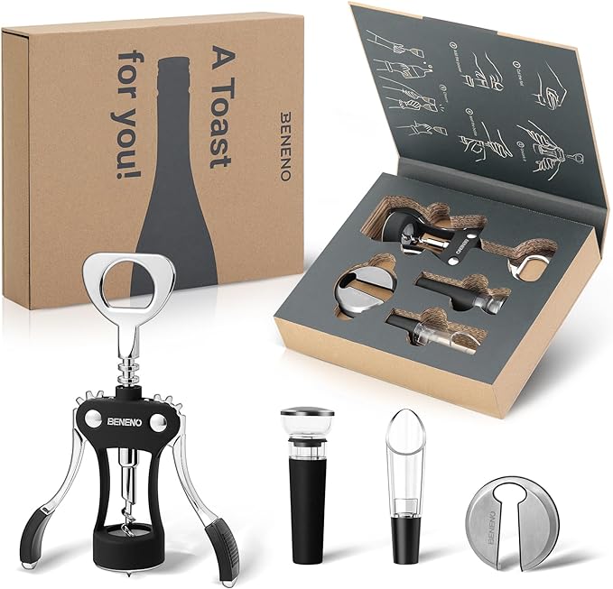 Beneno Multifunctional Wine Bottle Opener Gift Wing Corkscrew, Foil Cutter, Vacuum Stopper & Aerator Pourer, Perfect for Wine Lovers Man Woman, Elegant Black